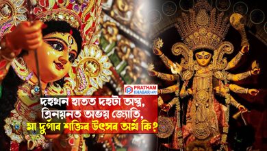 দহখন হাতত দহটা অস্ত্ৰ, ত্ৰিনয়নত অভয় জ্যোতি, মা দুৰ্গাৰ শক্তিৰ উৎস অৰ্থ কি?